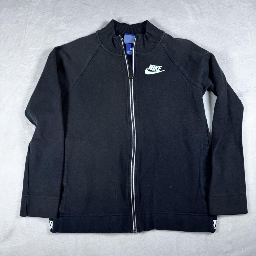 Nike Sweatshirt‎ Boys Small Black Full Zip Fleece Jacket Swoosh Logo Athletic